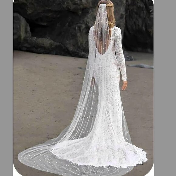 Fingertip Length Long Pearl Bride Veil with Comb - Picture 1 of 3